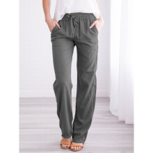 (Dark Grey, 3XL=UK 20) Women Cotton Linen Plain Trousers Pants Ladies Elastic Waist Bottoms Trousers