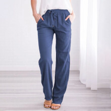 (Blue, M=UK 12) Women Cotton Linen Plain Trousers Pants Ladies Elastic Waist Bottoms Trousers