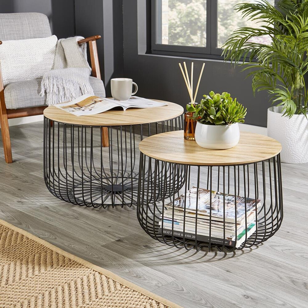 Canary Set of 2 Metal Wire Frame Wooden Top Coffee Tables Fully Assembled