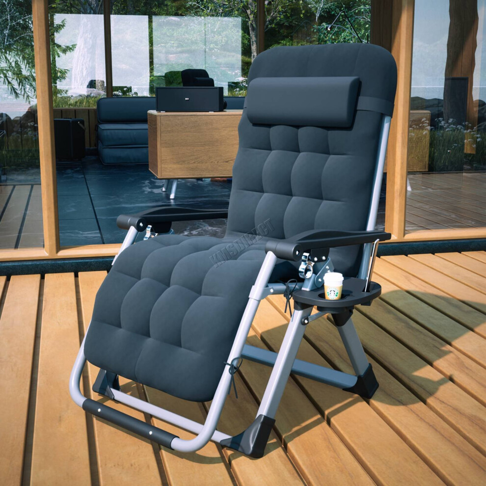 (Black) BIRCHTREE Sun Recliner With Cushion Foldable Chair Patio Garden Beach Lounge