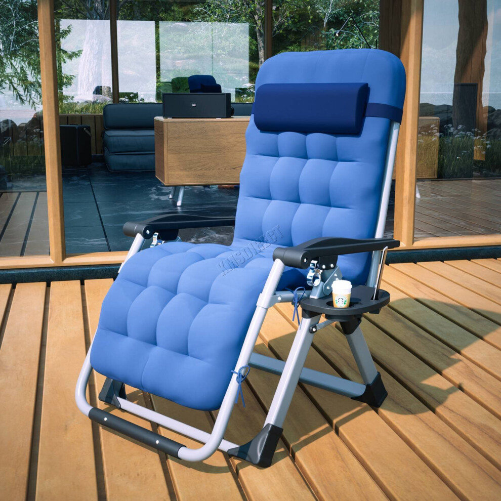 (Blue) BIRCHTREE Sun Recliner With Cushion Foldable Chair Patio Garden Beach Lounge