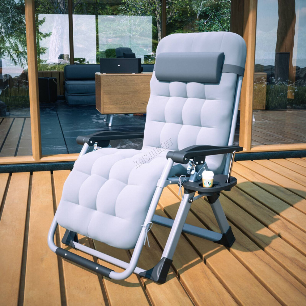(Grey) BIRCHTREE Sun Recliner With Cushion Foldable Chair Patio Garden Beach Lounge