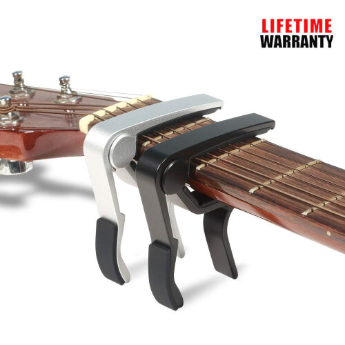 6-String One-Hand Capo for Acoustic Electric Guitar - 2-Pack Black & Silver 2