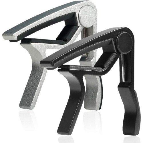 6-String One-Hand Capo for Acoustic Electric Guitar - 2-Pack Black & Silver 1