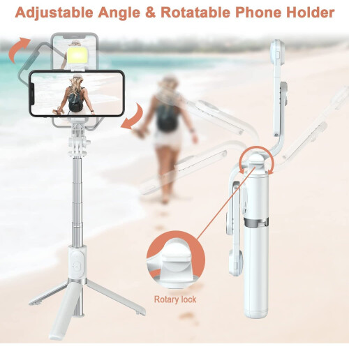 Selfie Stick Tripod with Fill Light, Extendable Lightweight Bluetooth Selfie Stick - White 2