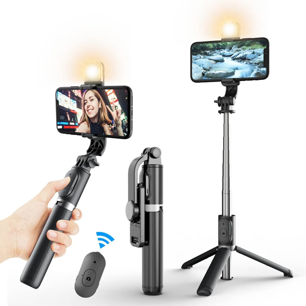 Selfie Stick Tripod with Fill Light, Extendable Lightweight Bluetooth Selfie Stick - Black