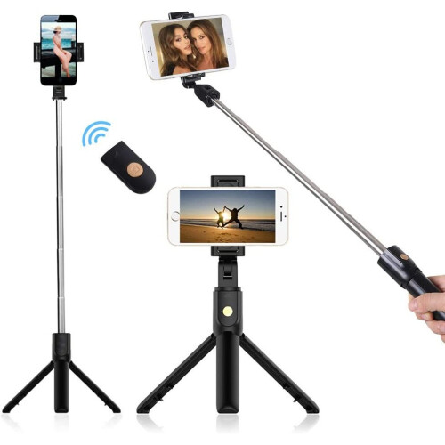 Phone Selfie Stick Tripod Retractable with Remote Control - Black