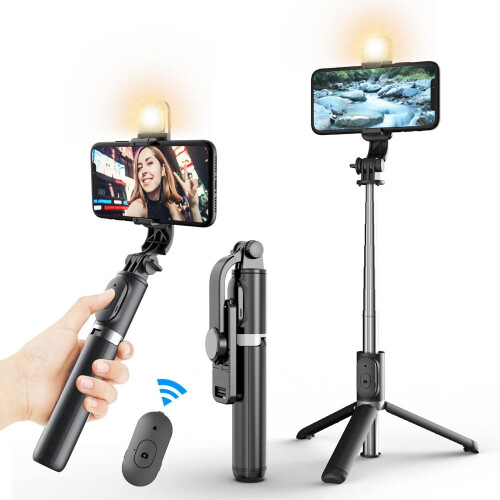 Selfie Stick Tripod with Fill Light, Extendable Lightweight Bluetooth Selfie Stick - Black 1