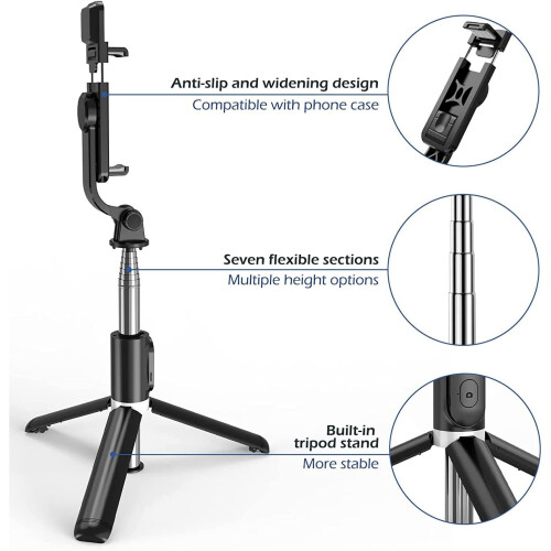 Selfie Stick Tripod with Fill Light, Extendable Lightweight Bluetooth Selfie Stick - Black 2