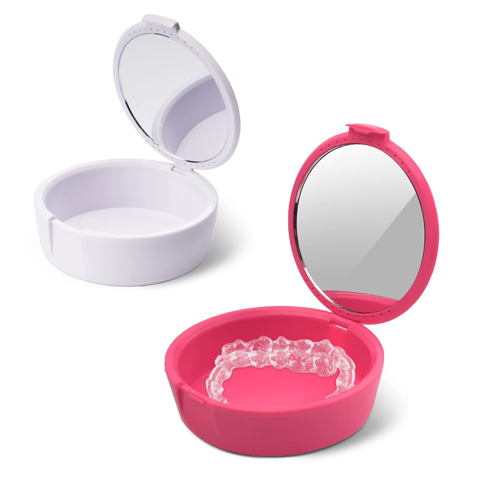 Yadong Pink/White Retainer Case With Mirror Retainer Container Partial Denture Storage Box (+White)