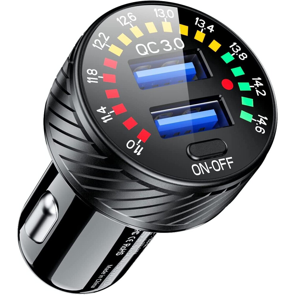Car Charger Usb 36W/3A Qc3.0 Dual Port Usb Car Fast Charger With Led Voltmeter Switch 9413633945562