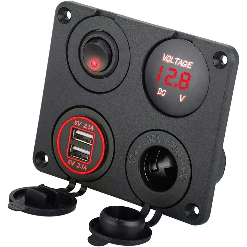 4 in 1 Charger Outlet Panel, 12V 4.2A Dual USB Charger Outlet Power Outlet and LED Voltmeter and Cigarette Lighter Outlet