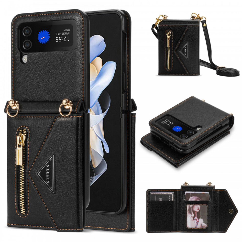 Zipper Wallet Purse for Samsung Galaxy Z Flip 4 5G Crossbody Case with Credit Card Holder Strap Lanyard(Black)