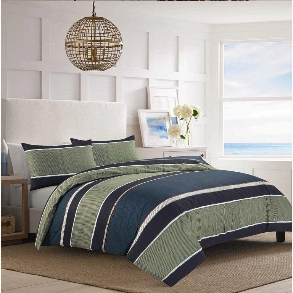 (King) Nate Block Stripe Duvet Cover Set Olive Gree/ Navy Blue Bedding Modern