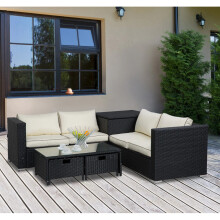 Rattan Corner Sofa Set Black Garden Patio Furniture Lounge Couch Table Storage Box