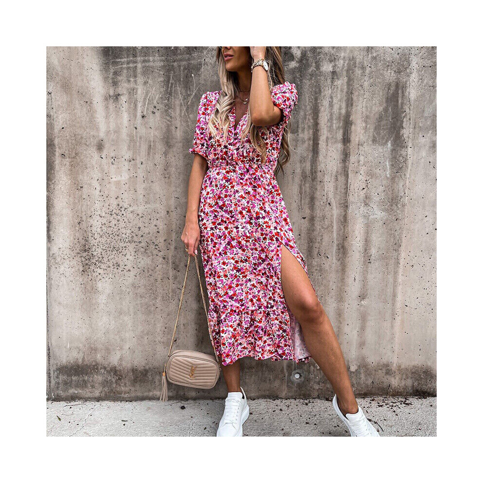 (Rose Red, M= UK Size 12) Boho Womens V-Neck Floral Midi Dress Summer Short Sleeve Beach Party Sundress