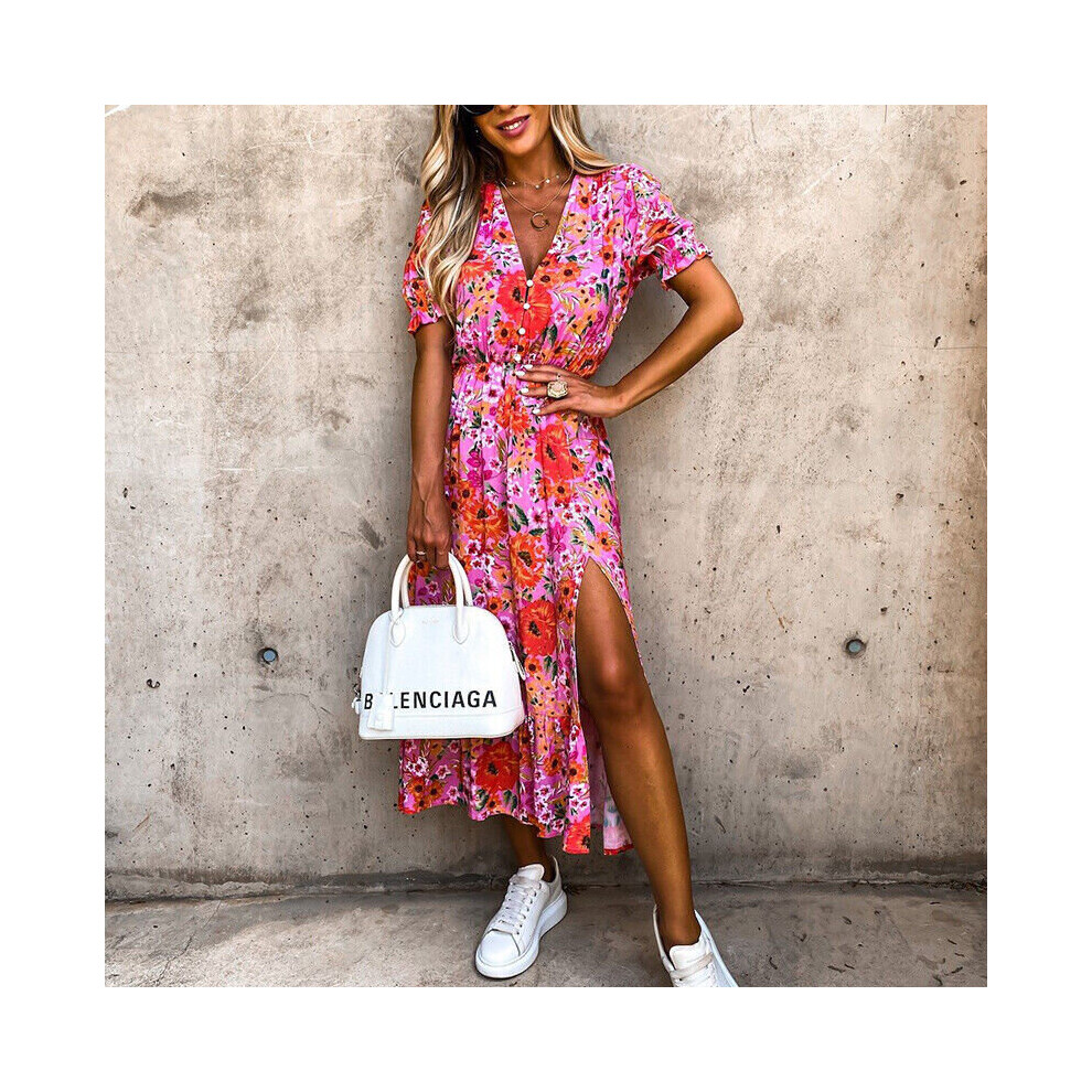 (Pink, L=UK Size 14) Boho Womens V-Neck Floral Midi Dress Summer Short Sleeve Beach Party Sundress