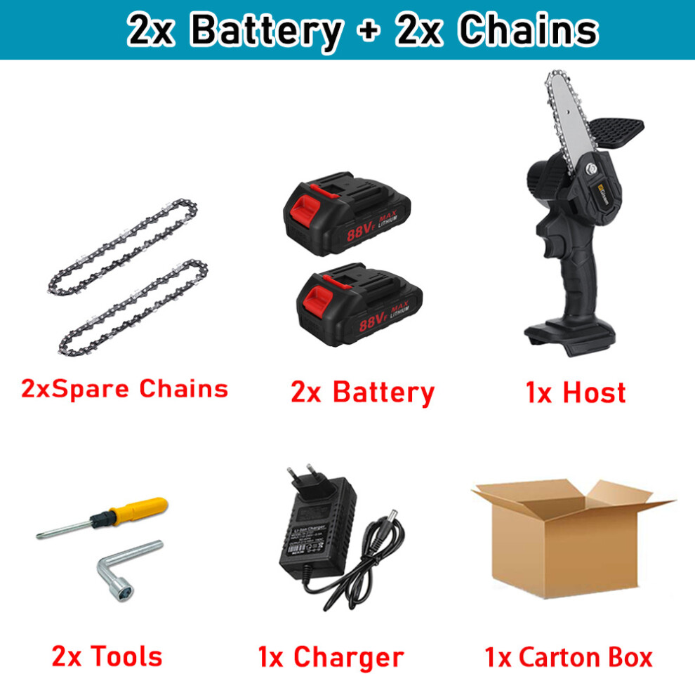 (A2xBattery-2x Chain) Gisam Cordless Electric Chainsaw 4 Inch Mini Pruning Chainsaw Garden Rechargeable Woodworking Garden Tool for Makita 18V Battery