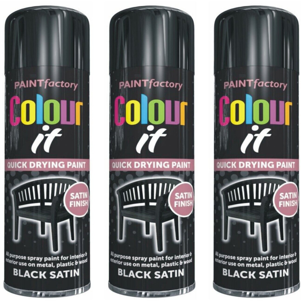 3 x 250ML Black Satin Spray Paint Aerosol Ideal for Metal Wood Plastic