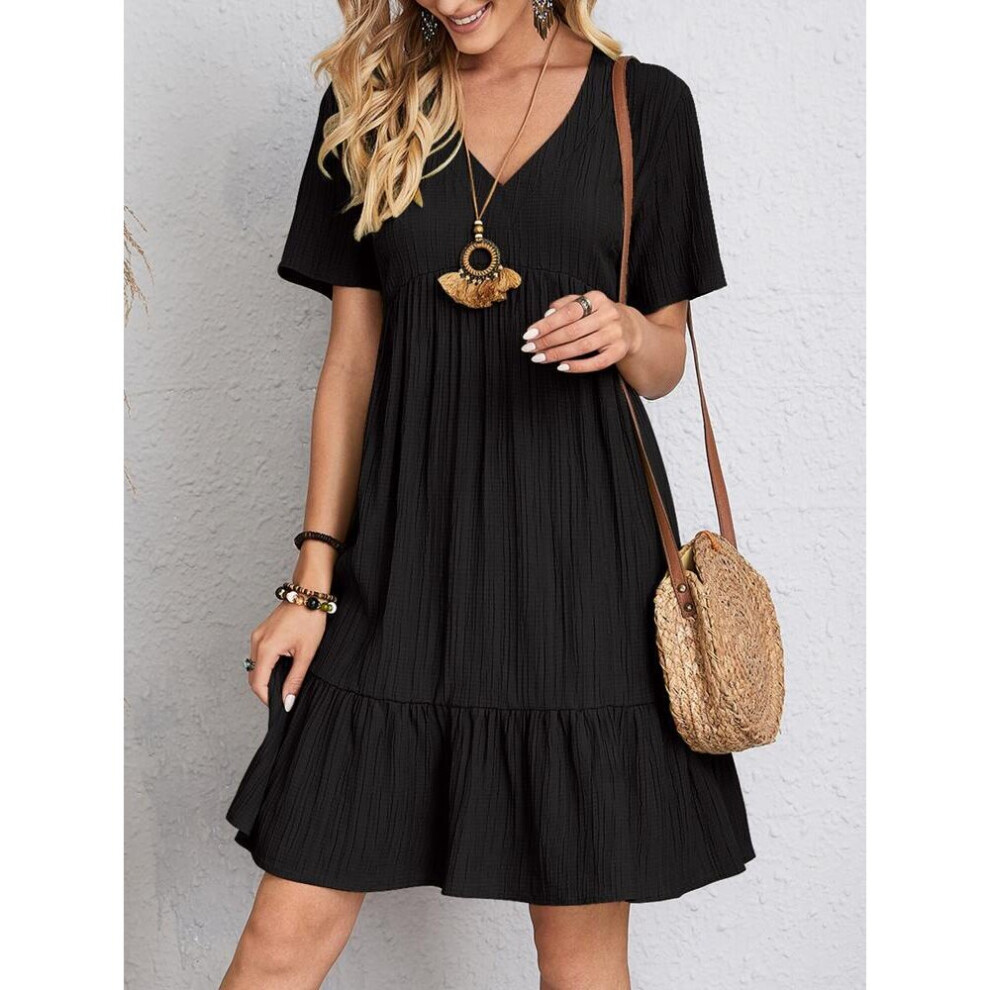 (Black, Tag Size M=UK Size 12) Womens Short Sleeve V Neck Mini Dress Ladies Pleated Ruffle Baggy Solid Dresses