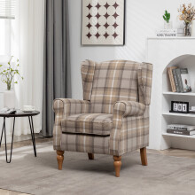 (Natural) Wingback Fireside Armchair Tartan Fabric