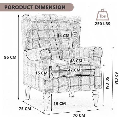(Blue) Wingback Fireside Armchair Tartan Fabric 2