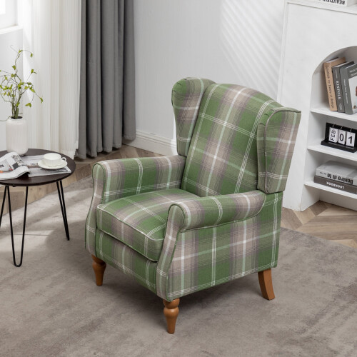 (Green) Wingback Fireside Armchair Tartan Fabric 1