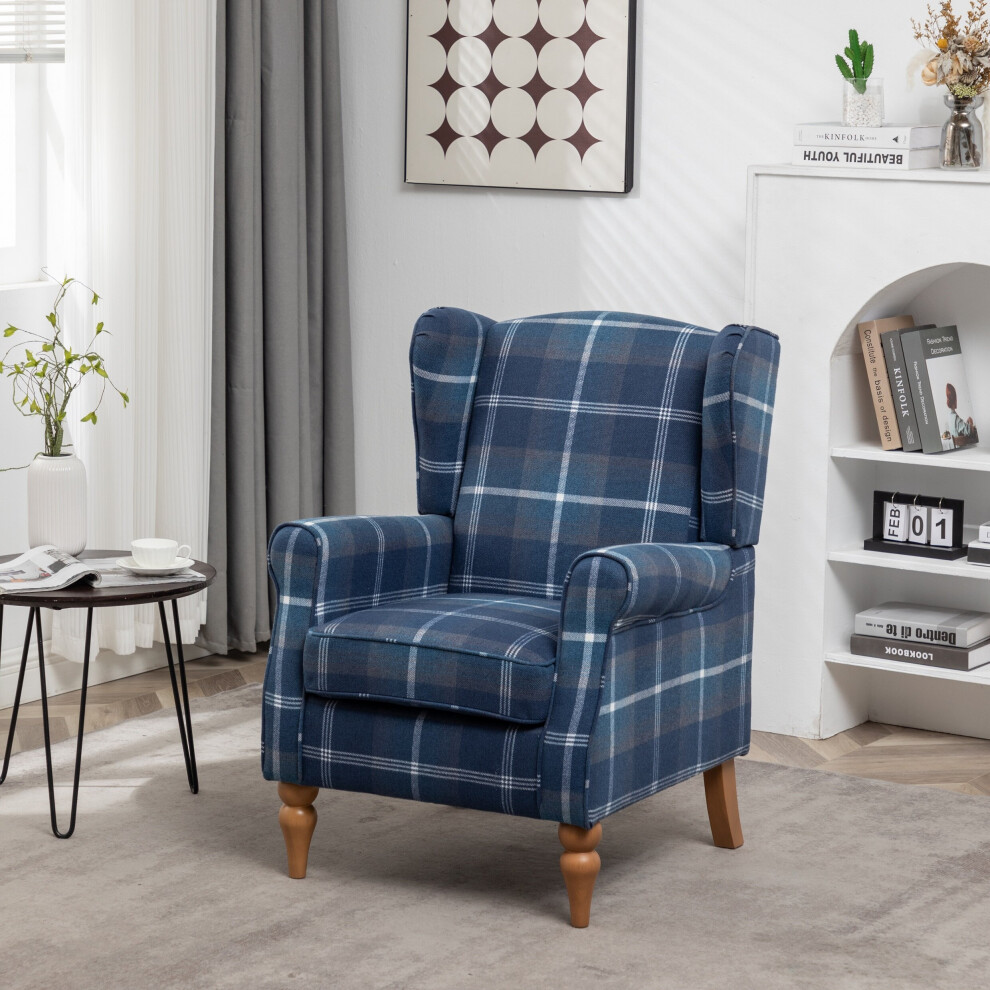 (Blue) Wingback Fireside Armchair Tartan Fabric