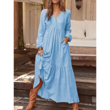 (Light Blue, 3XL) Women Casual Cotton Linen Long Sleeve Ladies Loose Swing Solid Button Maxi Dress