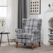 (Grey) Wingback Fireside Armchair Tartan Fabric