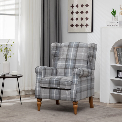 (Grey) Wingback Fireside Armchair Tartan Fabric