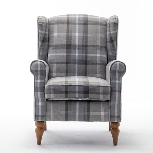 (Grey) Wingback Fireside Armchair Tartan Fabric 2