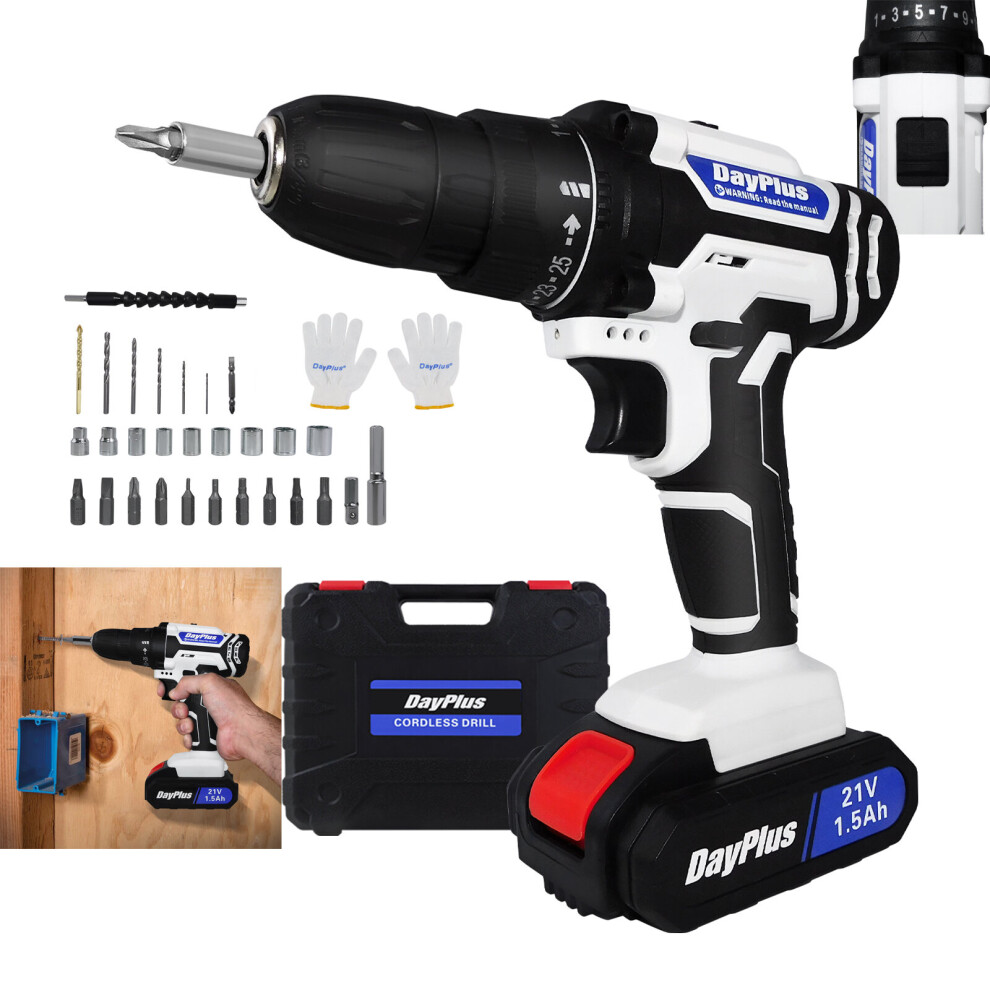 (2 Batteries) Electric Drill Set Cordless Screwdriver 21V 45N.m 25+1 Torques Setting with Carry Case 26pcs Accessories