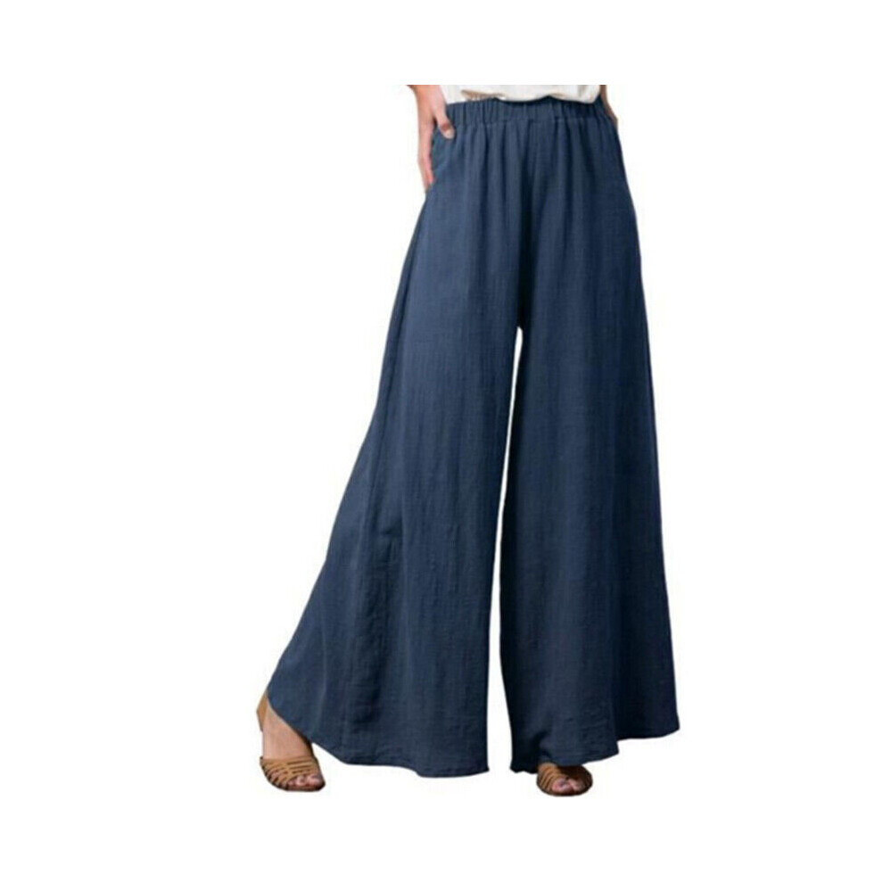 (Navy Green, L) Womens Cotton Linen High Waist Trousers Ladies Casual Baggy Solid Palazzo Pants-image-OPC-PBJZ5Y5-NEW