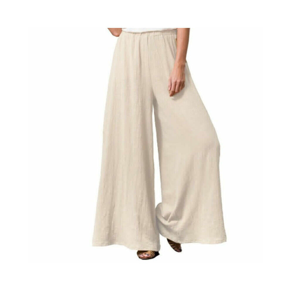 (Cream White, S) Womens Cotton Linen High Waist Trousers Ladies Casual Baggy Solid Palazzo Pants