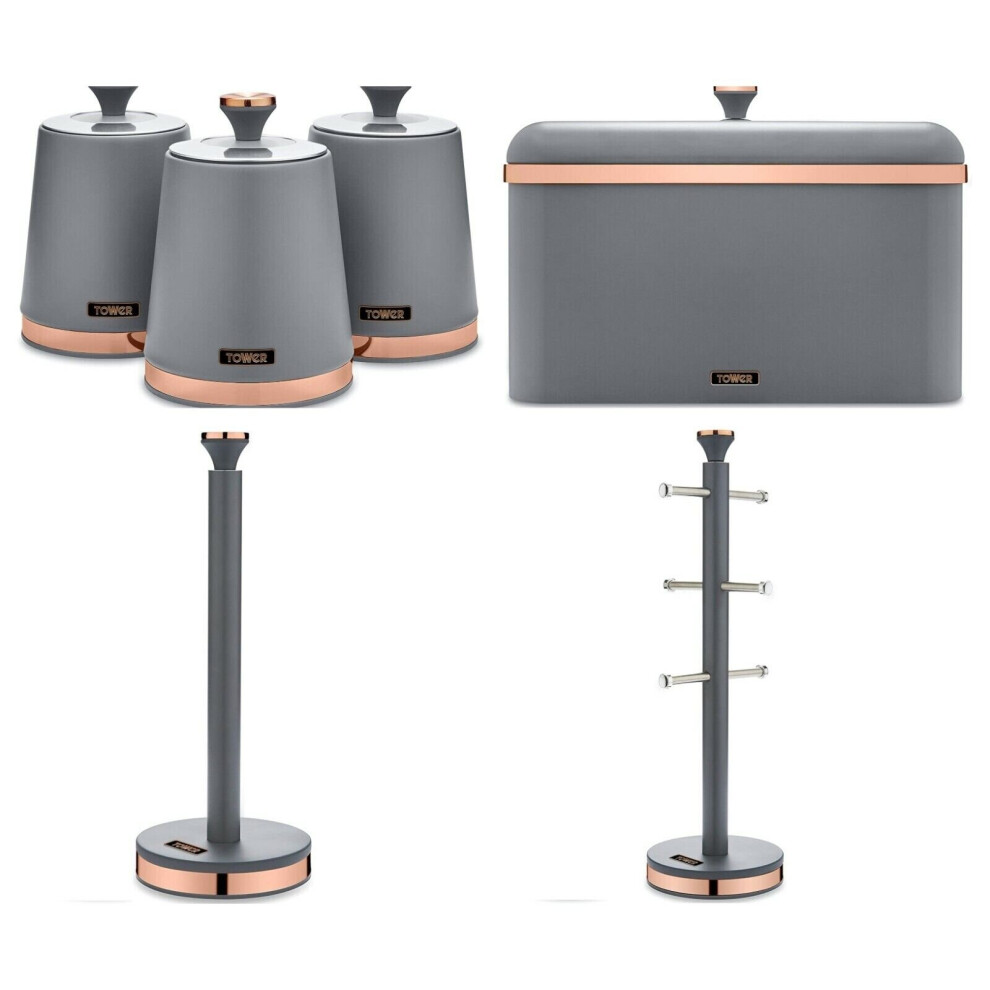 TOWER Kitchen Grey & Rose Gold Cavaletto Bread Bin Canisters Towel Pole Mug Tree