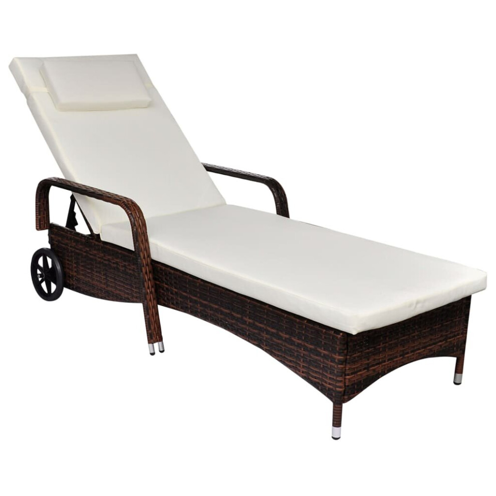 vidaXL Sun Lounger with Wheels Poly Rattan Brown Patio Reclining Chair Sun Bed