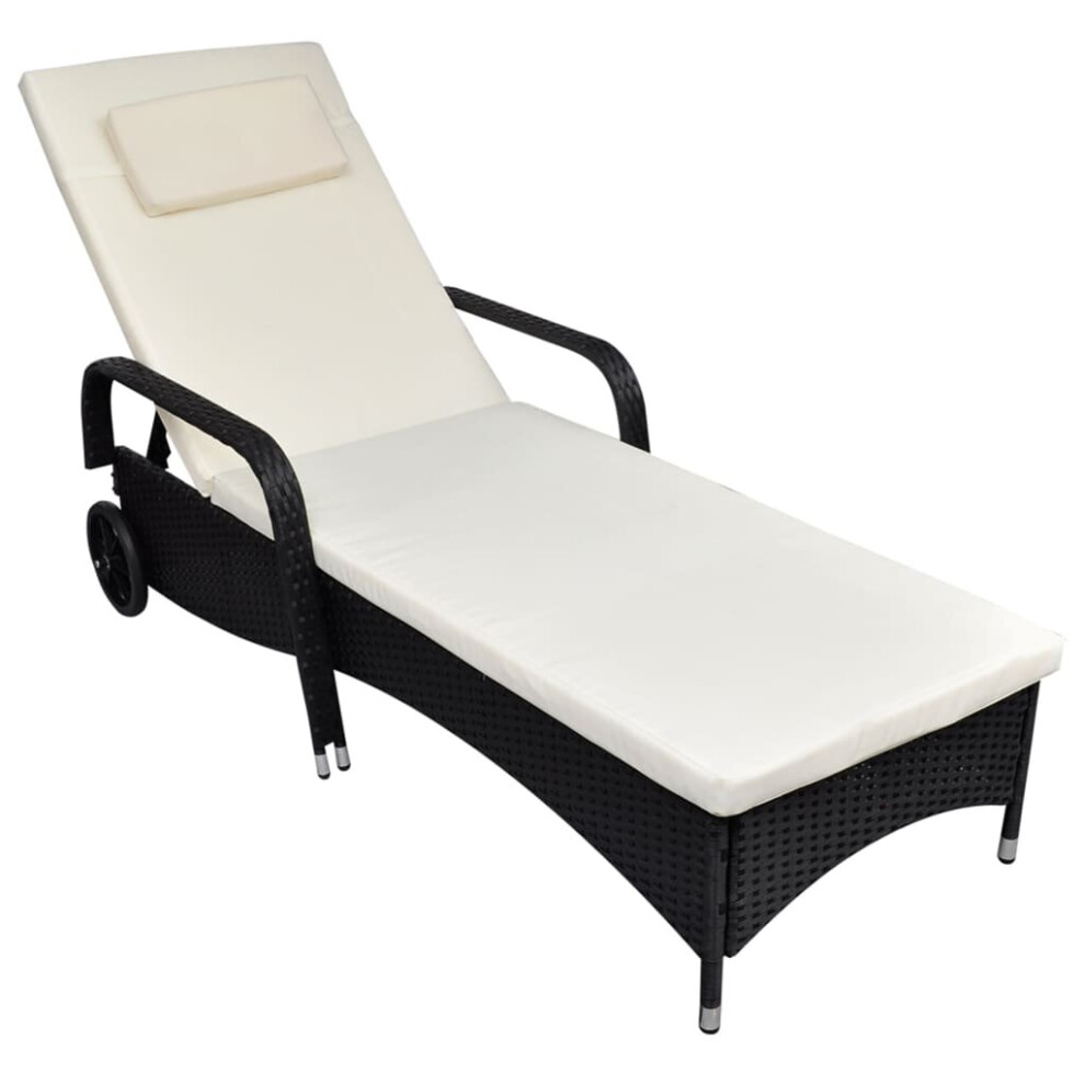 vidaXL Sun Lounger with Wheels Poly Rattan Black Patio Reclining Chair Sun Bed