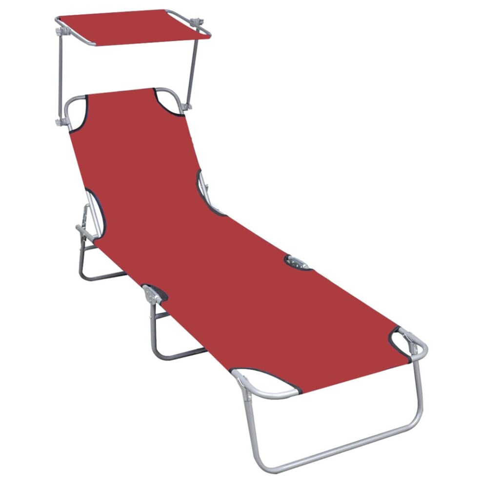 Vidaxl Folding Sun Lounger With Canopy Aluminium Garden Camping Bed Chair Red