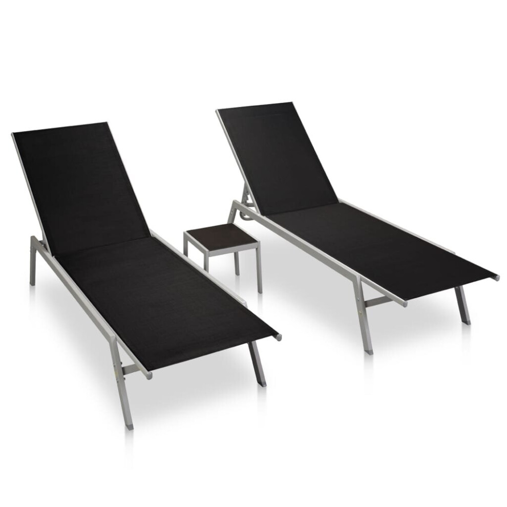 vidaXL 2x Sun Loungers with Table Steel and Textilene Black Outdoor Seating