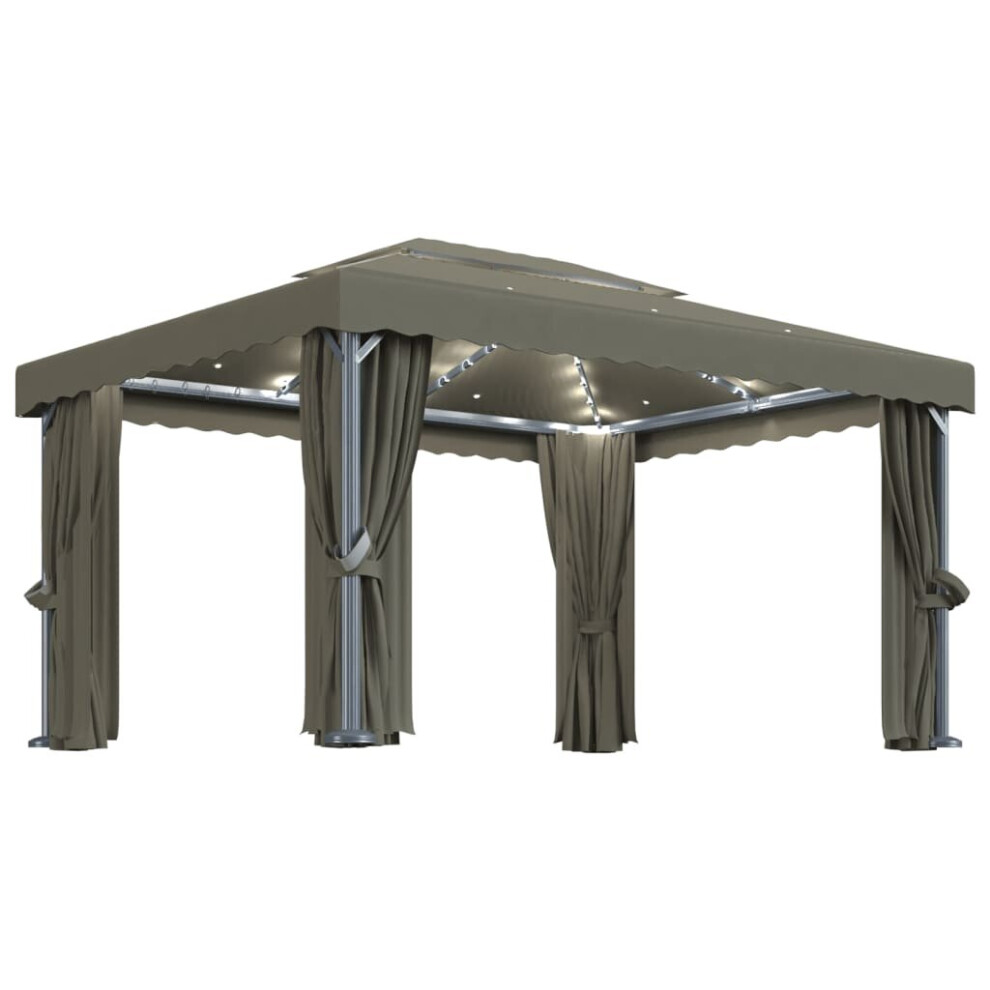 Vidaxl Gazebo With Curtain And Led String Lights 4X3 M Taupe Outdoor Sunshade