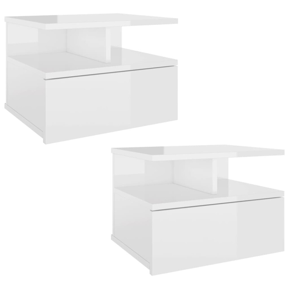 vidaXL Floating Nightstand 2x High Gloss White Engineered Wood Bedside Table