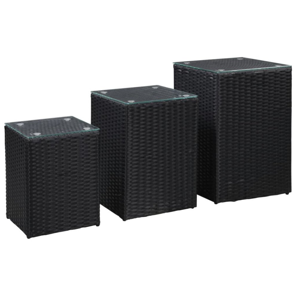 vidaXL 3x Side Table with Glass Top Black Poly Rattan Accent Sofa End Stand