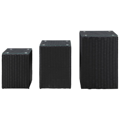 VidaXL vidaXL 3x Side Table with Glass Top Black Poly Rattan Accent Sofa End Stand 2