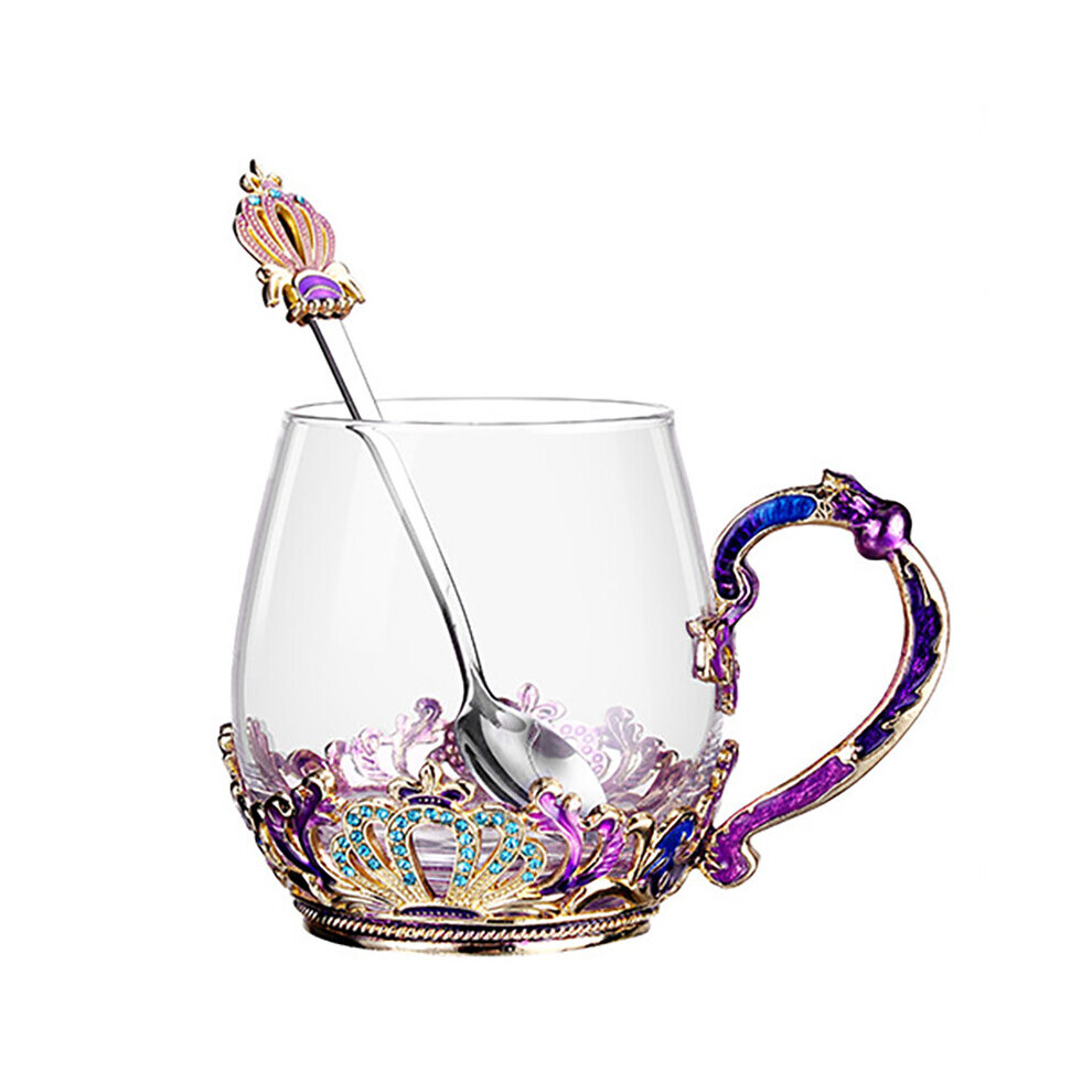 Enamel Crystal Glass Rose Flower Tea Cup Set Spoon Coffee Cup Mug Kit Wedding Gift