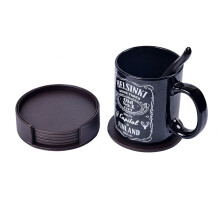 6pcs Drink Tea Pad PU Leather Round Dining Table Coffee Tea Cup Mat Black White Chic Home Decoration with Holder