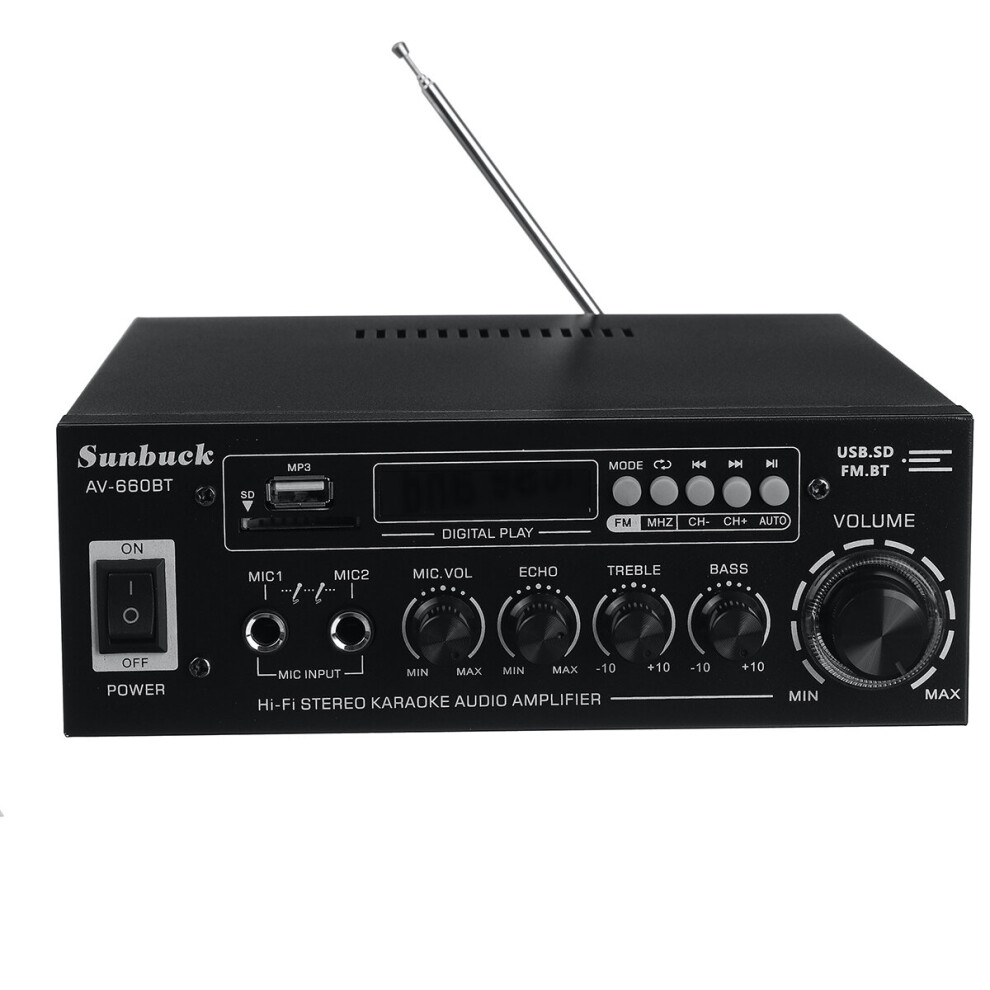 Sunbuck Av 660Bt 2000W Bluetooth 5.0 Audio Power Amplifier Eq Stereo Amp Car Home 2Ch Aux Usb Fm Radio 6900078896441