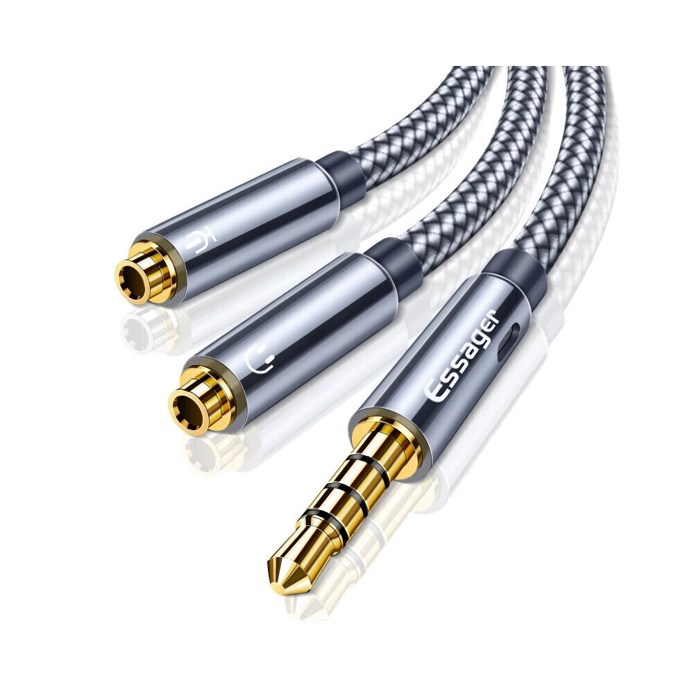 Essager 3.5Mm Aux Male To Dual Female Audio Cable Headset Extension Aux Cord For Samsung Galaxy Note S20 Ultra Huawei Mate 40 Oneplus 8 Pro Grey 6900075749054