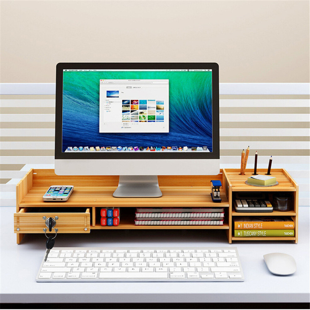 Multi Function Desktop Monitor Stand Computer Laptop Screen Riser Wood Shelf Desk Storage Holder With Lock 791329887181