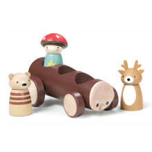 Tender Leaf Toys - Txi de madeira - Veculo de empurrar em forma de tronco de madeira com 3 personagens removveis - Brinquedo de brincar aberto